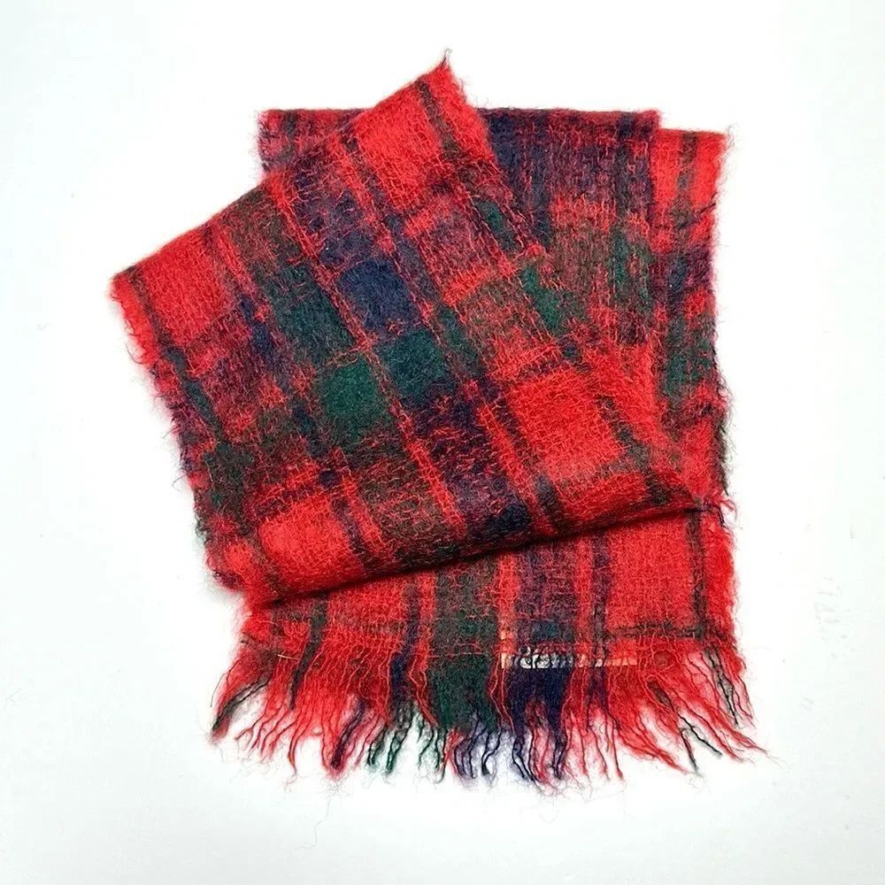 Highlandsw Vintage Mohair Scarf Red Plaid made in Scotland Men’s Women’s